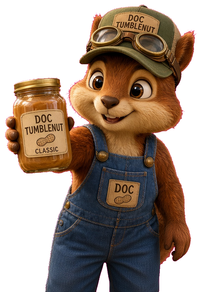 Doc in his cap, goggles and overalls, holding a jar
